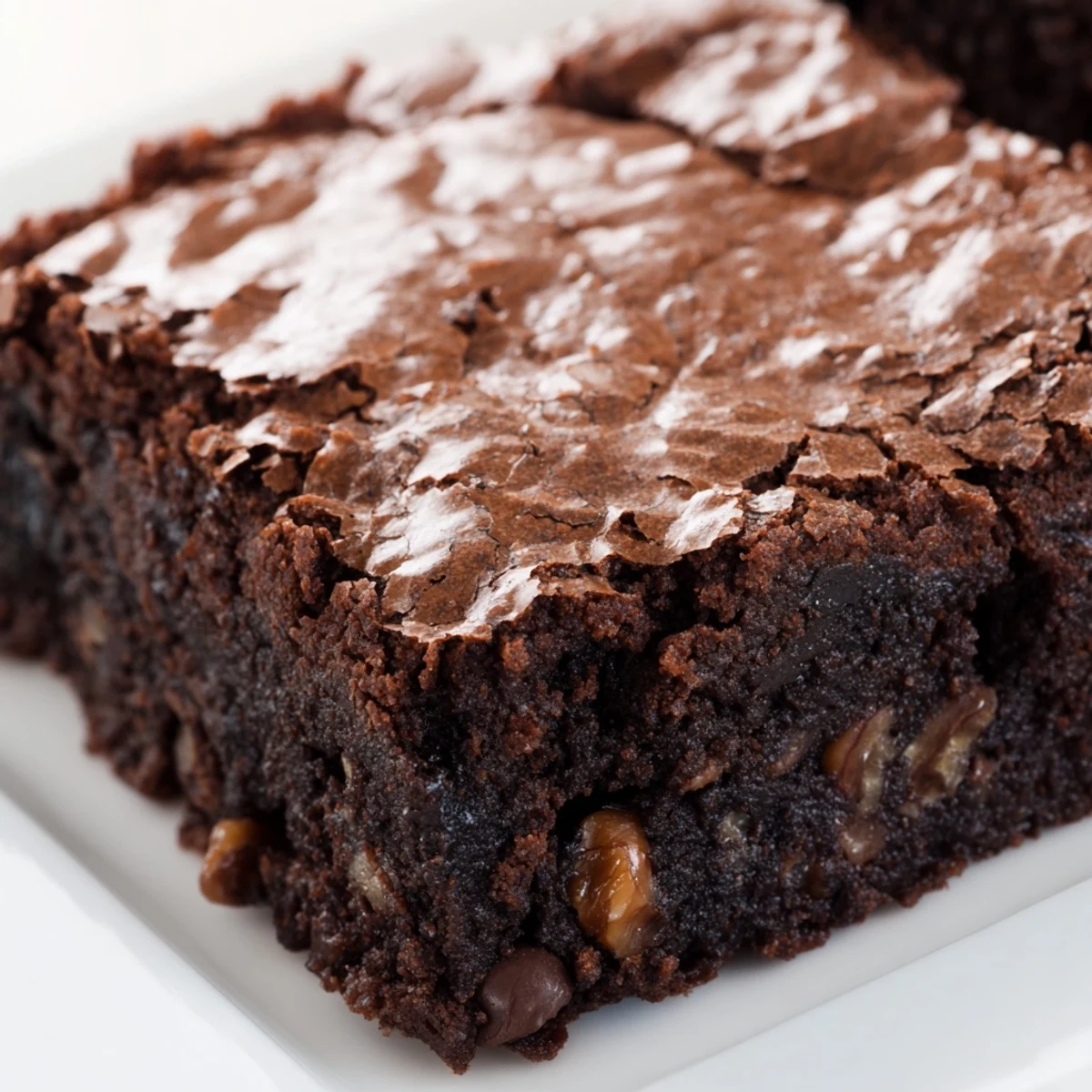 Rich fudgy brownies with a crackly top, cut into squares on a rustic cutting board