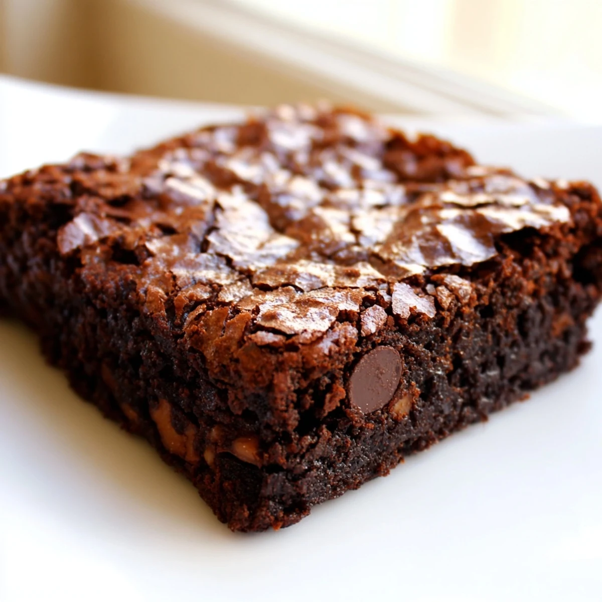 Dark chocolate brownies studded with walnuts, dusted with cocoa on a white plate