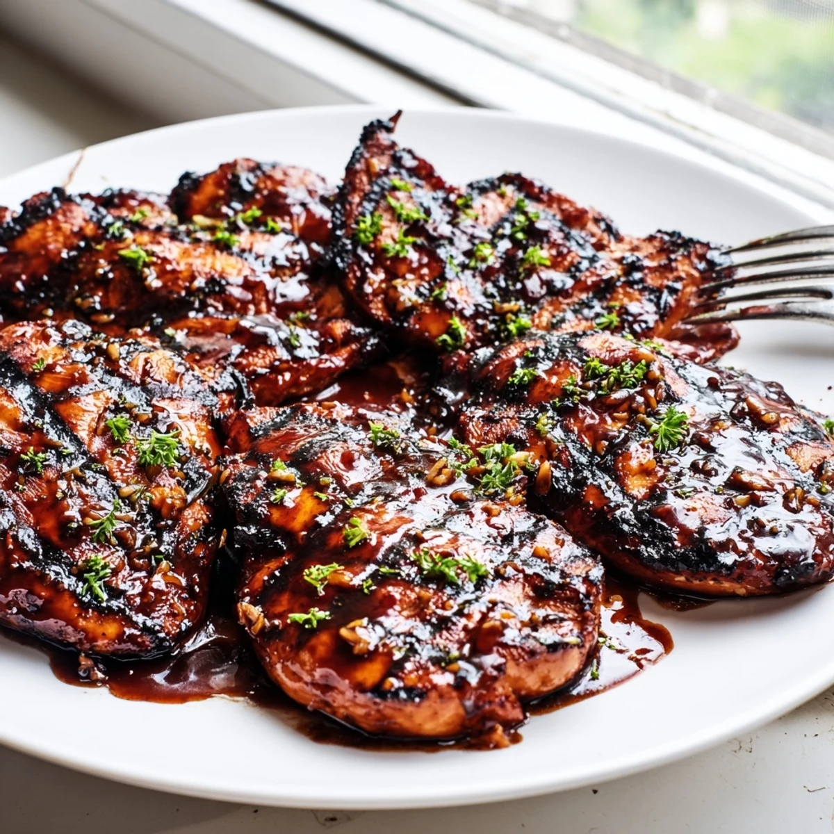 Grilled Coca Cola glazed chicken breast with sticky caramelized grill marks on a rustic plate