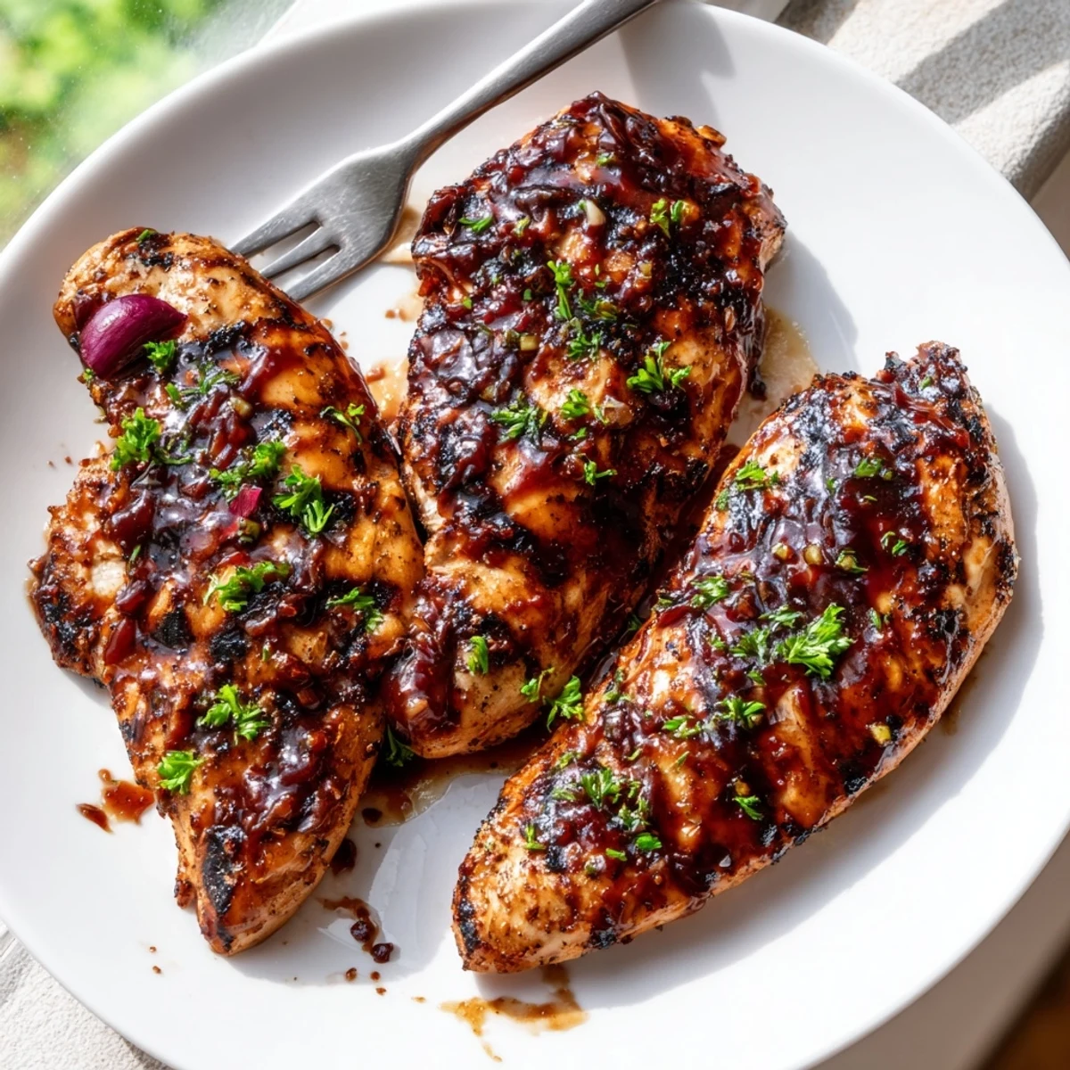 Juicy Grilled Coca Cola Glazed Chicken Breast sliced open revealing tender meat topped with fresh parsley