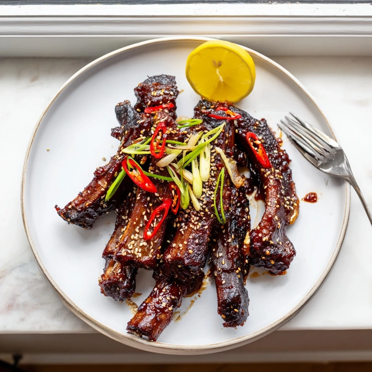 Caramelized Korean BBQ lamb ribs glistening with sticky glaze and bright yuzu