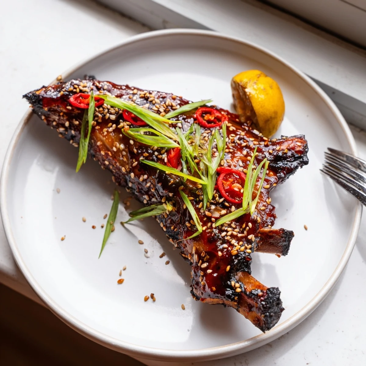 Charred Korean BBQ lamb ribs draped in rich gochujang glaze with fresh yuzu