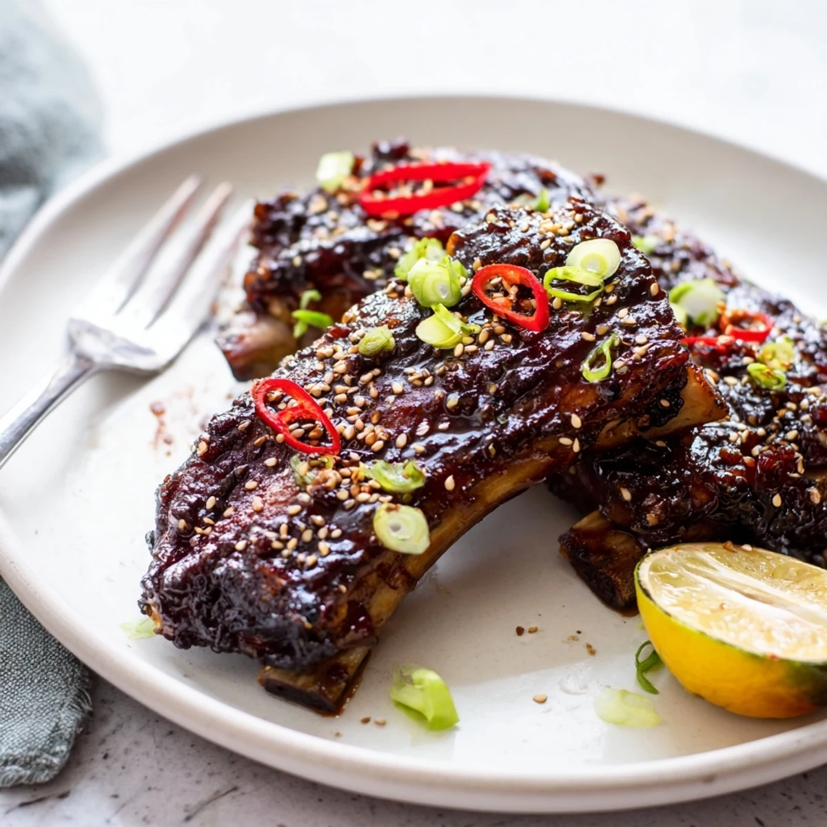 Juicy Korean BBQ lamb ribs topped with scallions sesame seeds and chili
