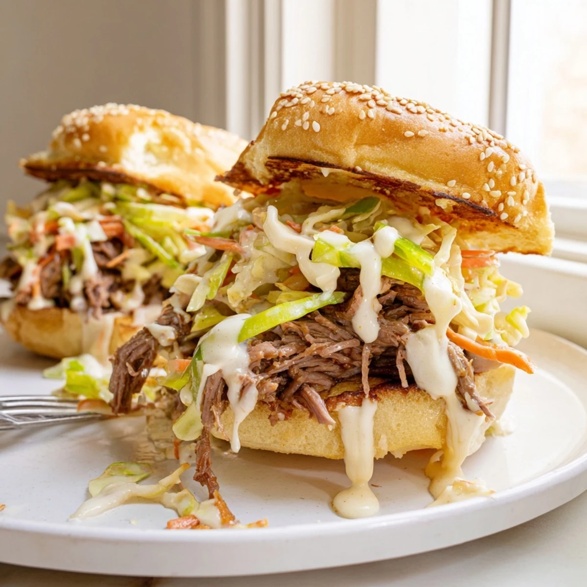 Juicy Alabama White Sauce Pulled Lamb Sliders piled high with crunchy creamy slaw on toasted buns