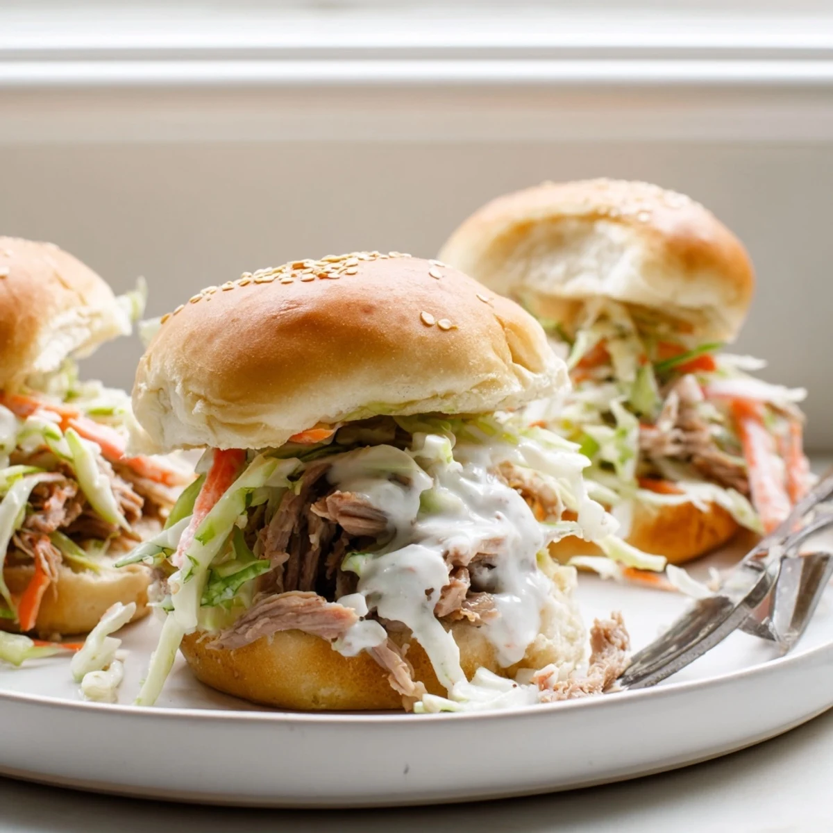 Tender pulled lamb slathered in tangy Alabama White Sauce resting on soft golden slider buns