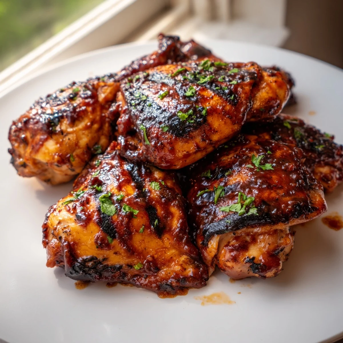Smoky barbecue chicken with charred crispy skin fresh off the grill
