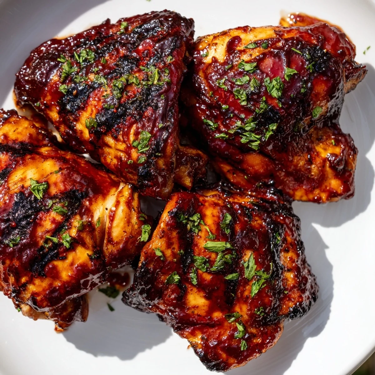 Juicy barbecue chicken pieces glistening with tangy sauce on a rustic platter