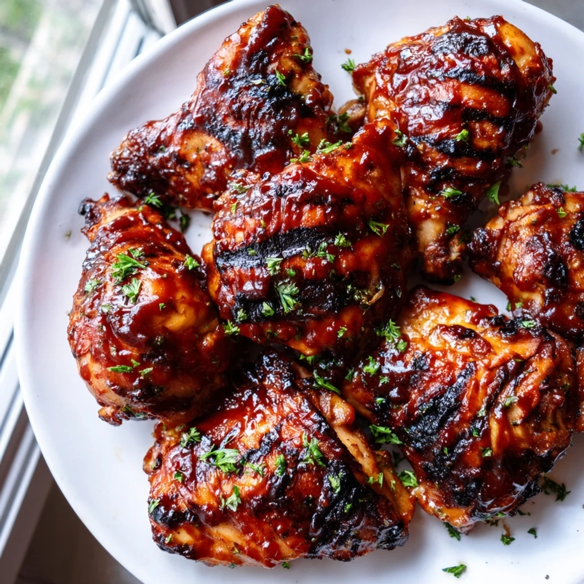 Caramelized barbecue chicken thighs and drumsticks garnished with fresh chopped parsley