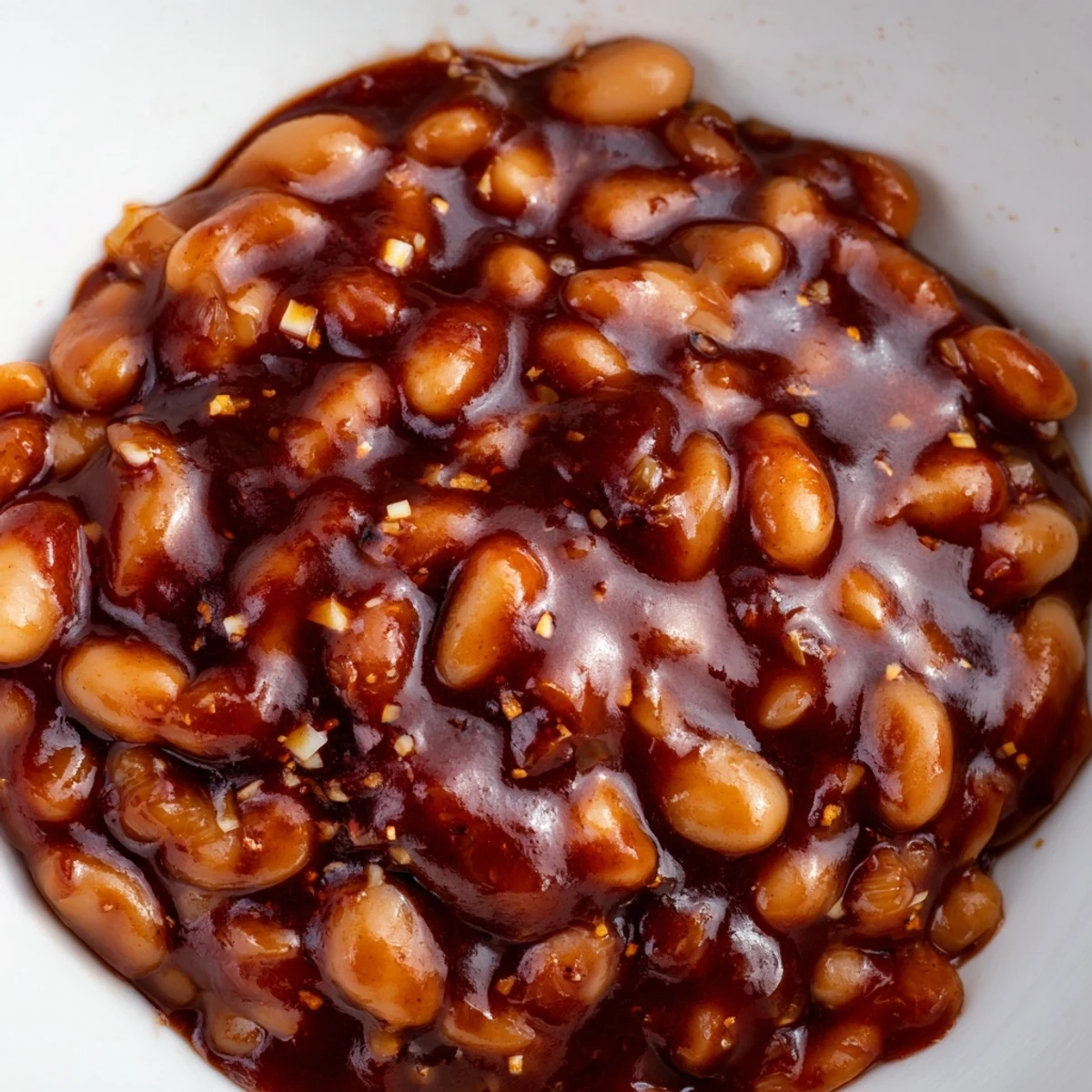 Steaming bowl of quick barbecued beans glistening with rich, tangy sauce