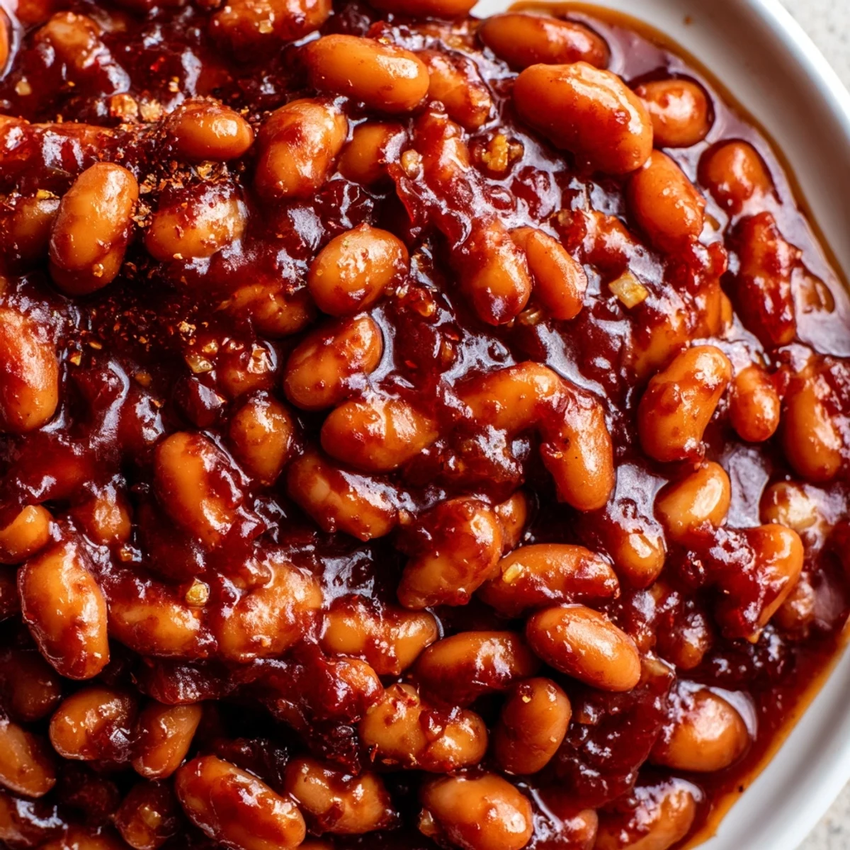 Quick barbecued beans served in a rustic dish with fresh herbs