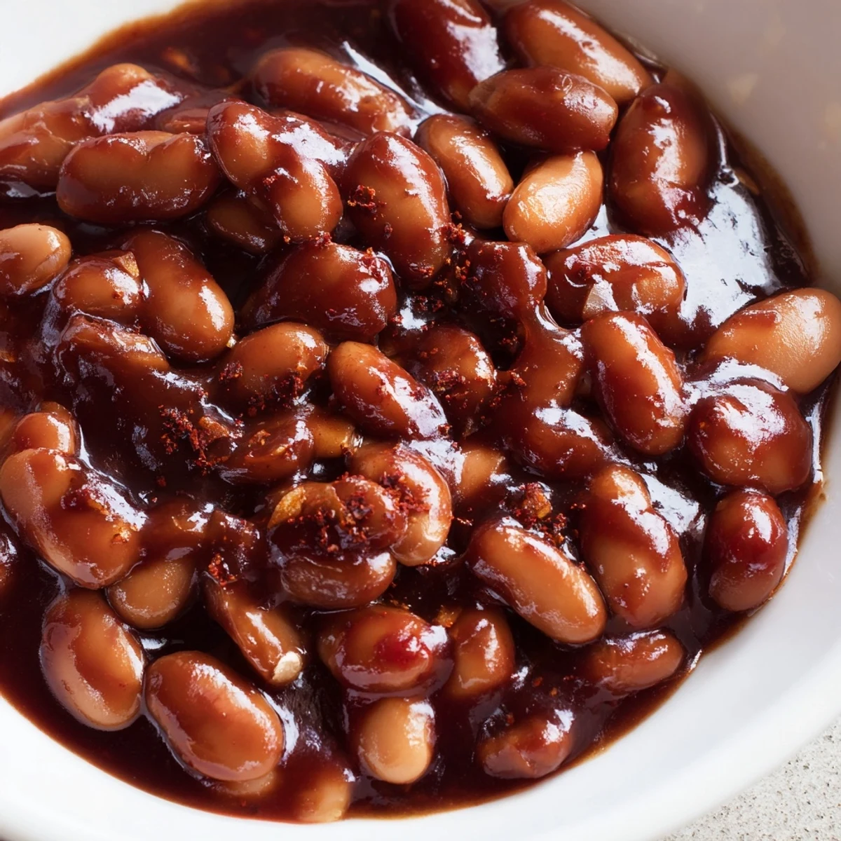 Thick, smoky quick barbecued beans spooned over grilled cornbread on a plate