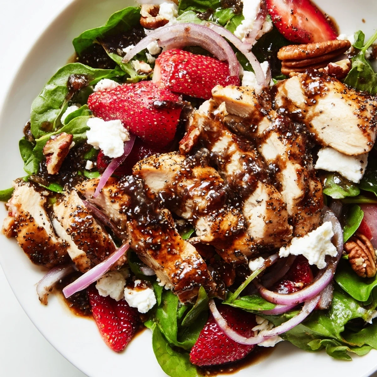 Strawberry chicken salad with sliced strawberries, feta, and pecans over fresh greens