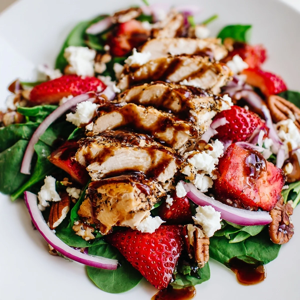 Juicy sliced chicken atop a vibrant strawberry chicken salad drizzled with poppy seed dressing