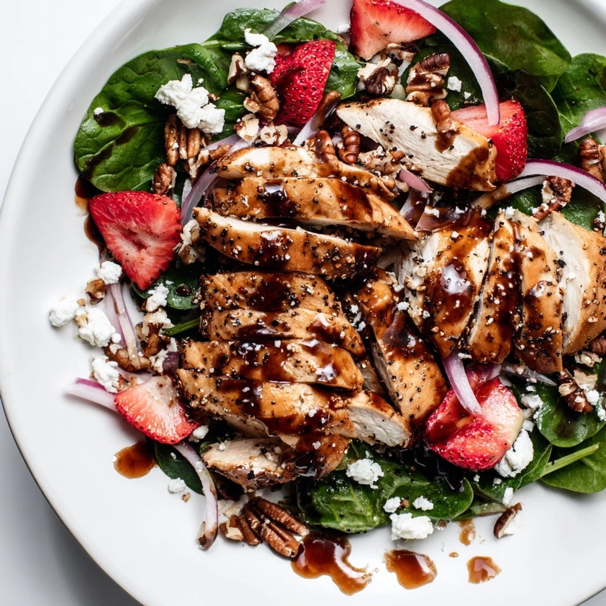 A colorful strawberry chicken salad featuring sweet berries, toasted pecans, and tangy balsamic drizzle