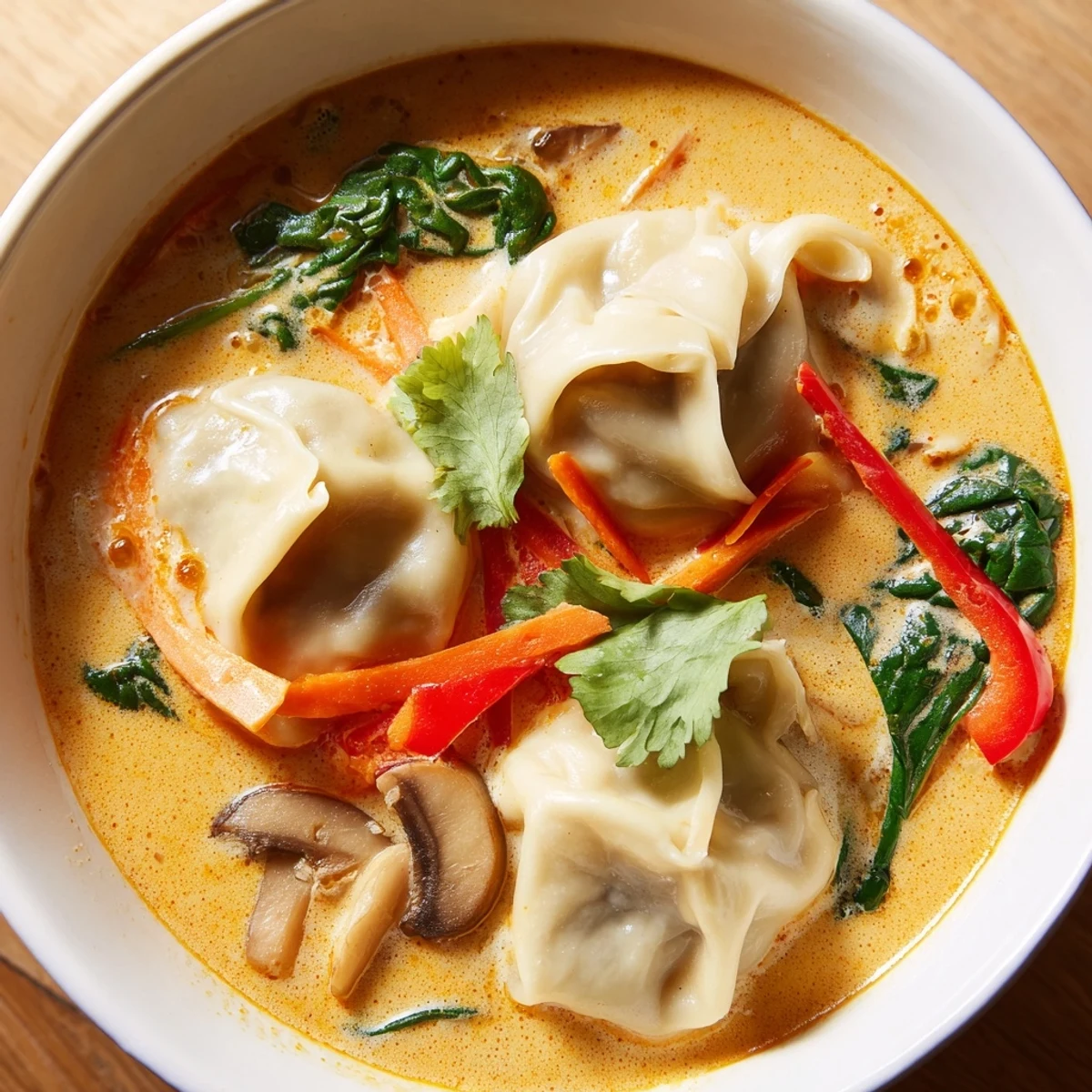 Bowl of creamy Thai dumpling soup topped with fresh herbs and chili slices