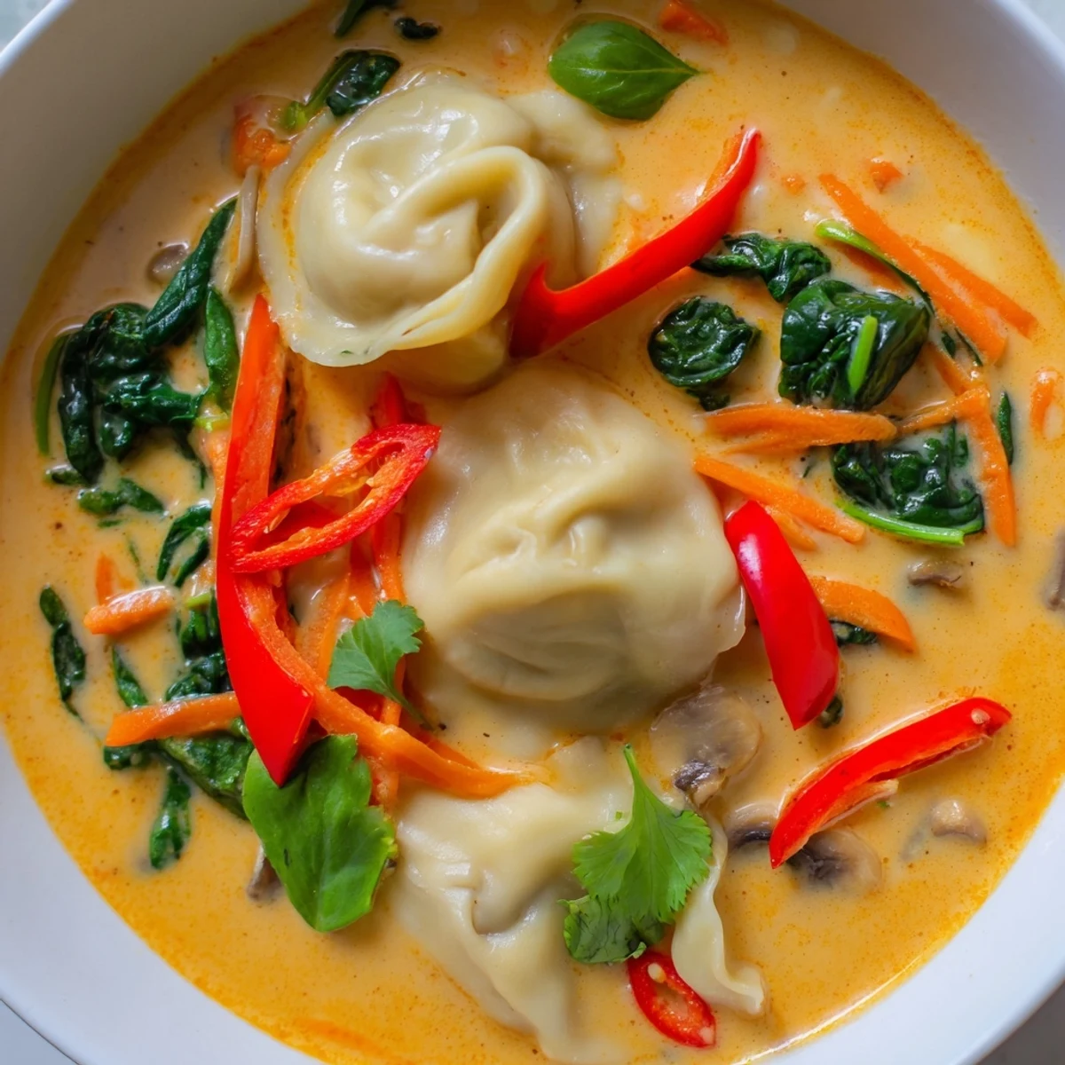 Steaming creamy Thai dumpling soup served in a white bowl with cilantro garnish