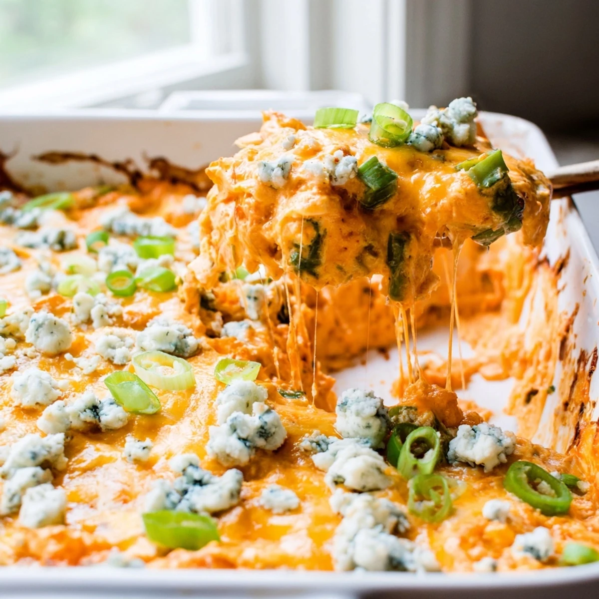 Golden bubbling jalapeno buffalo chicken casserole fresh from the oven with melted cheese