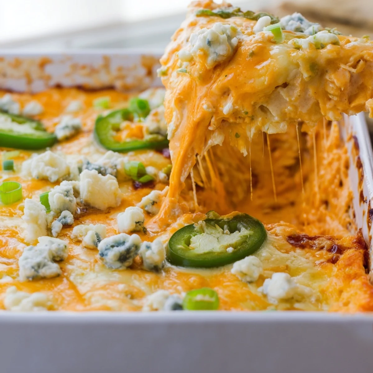 Creamy jalapeno buffalo chicken casserole topped with blue cheese crumbles and green onions