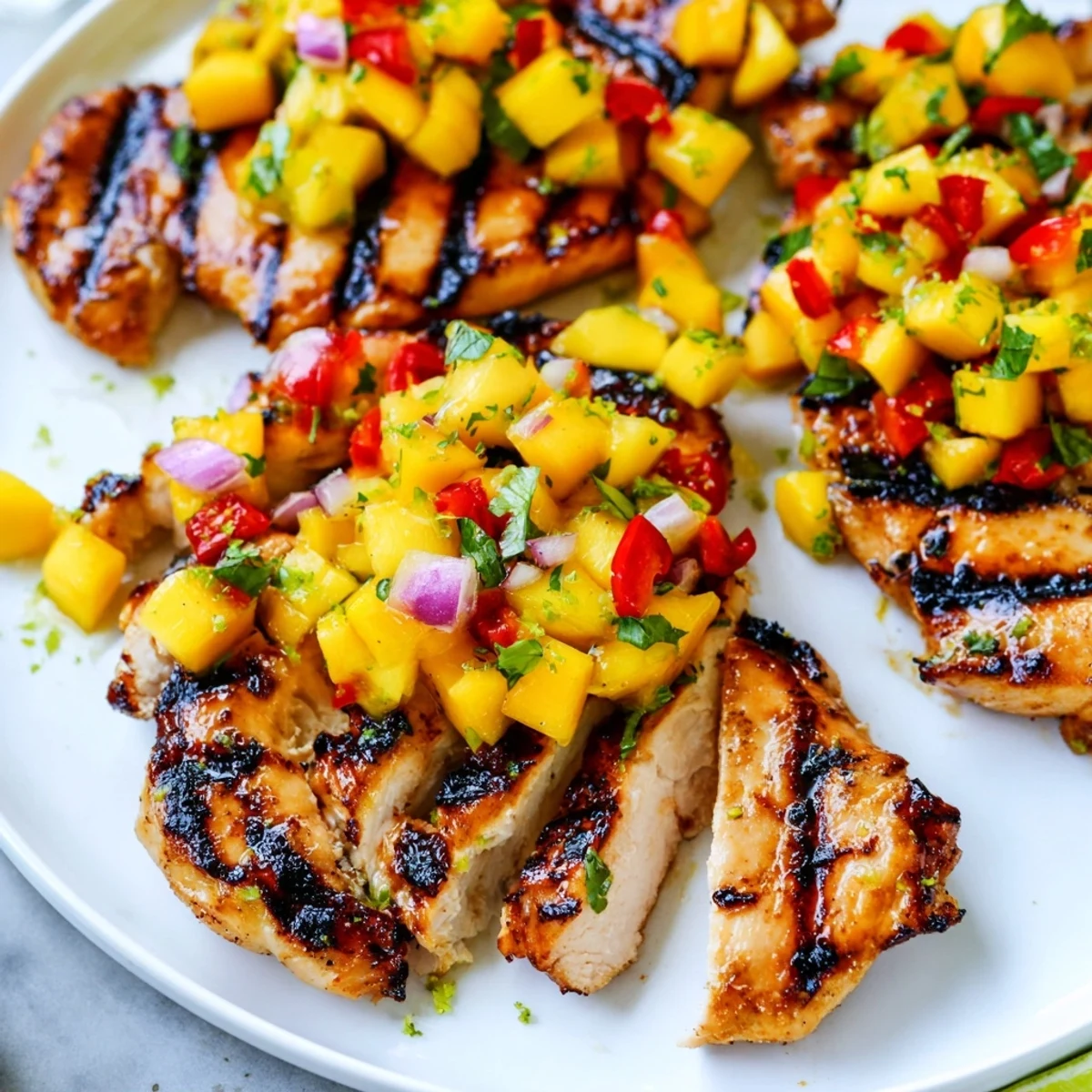Grilled honey lime chicken with mango salsa served on a rustic wooden plate