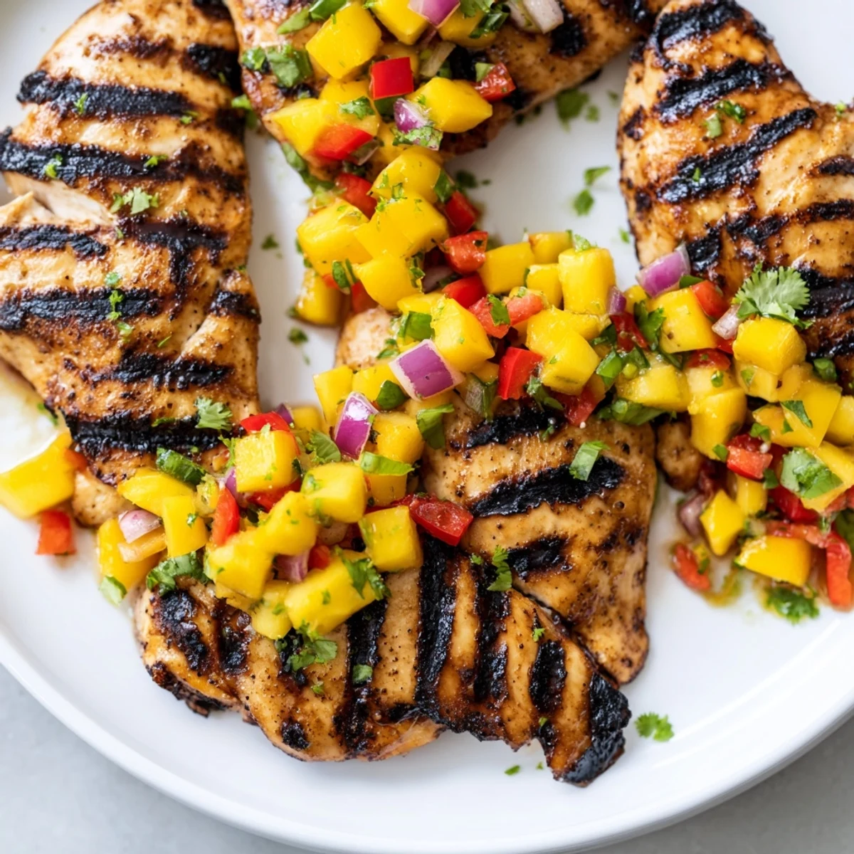 Honey lime chicken sliced open beside a vibrant mango salsa garnished with lime wedges