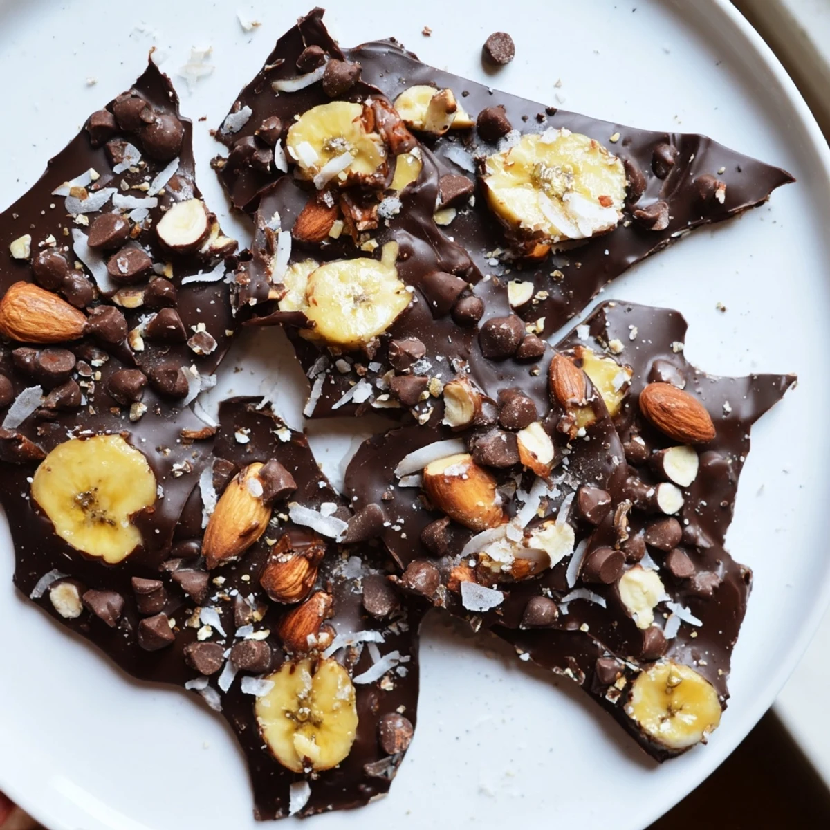 Glossy chocolate-covered banana bark studded with crunchy coconut and mini chips