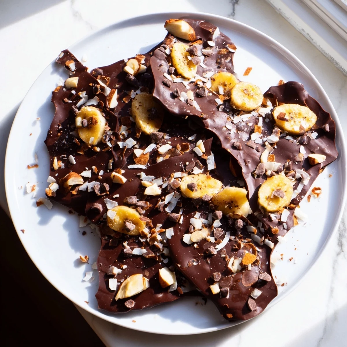 Golden banana slices peek through rich melted chocolate in this no-bake bark