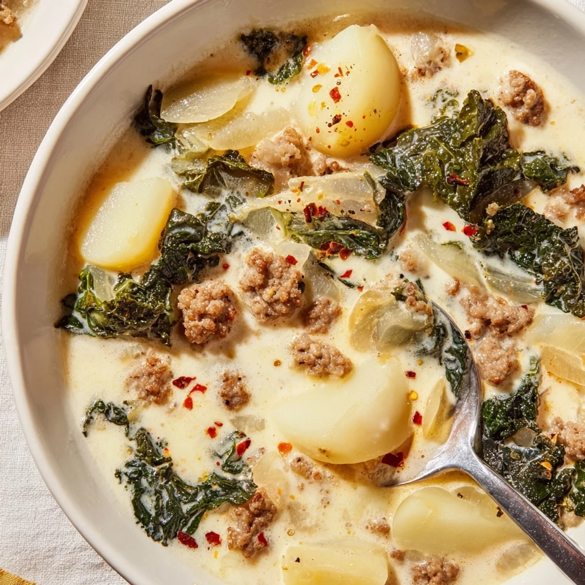 Creamy Zuppa Toscana soup loaded with sausage, potatoes, and fresh kale