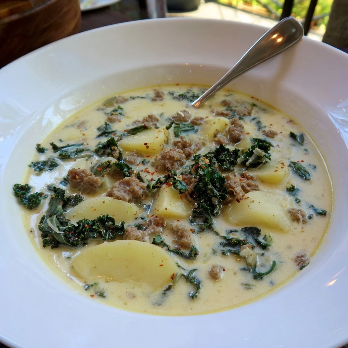 Rustic Zuppa Toscana soup with crumbled sausage and tender potato slices in cream