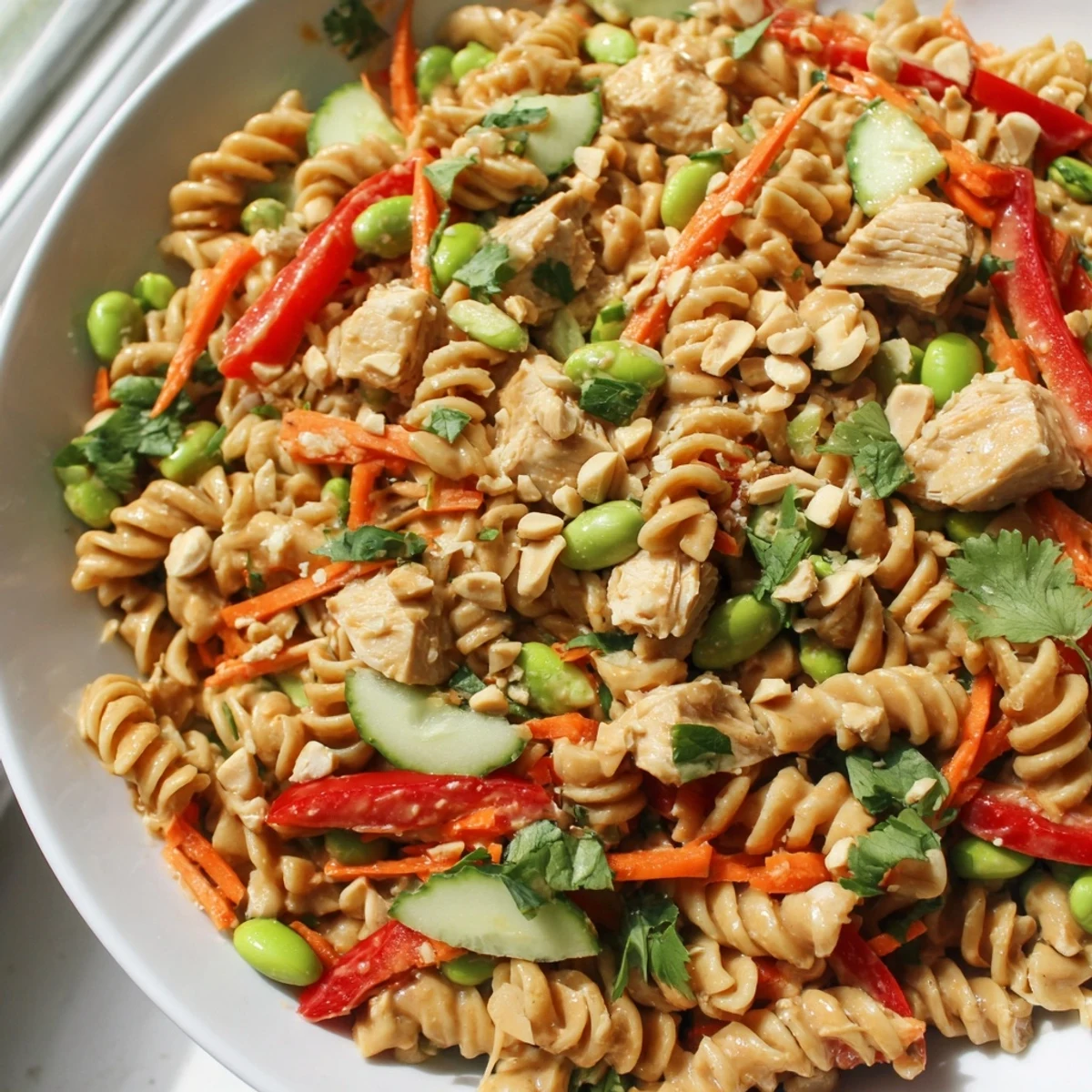 Colorful Protein Packed Thai Pasta Salad with chicken, edamame, and creamy peanut dressing in a rustic bowl