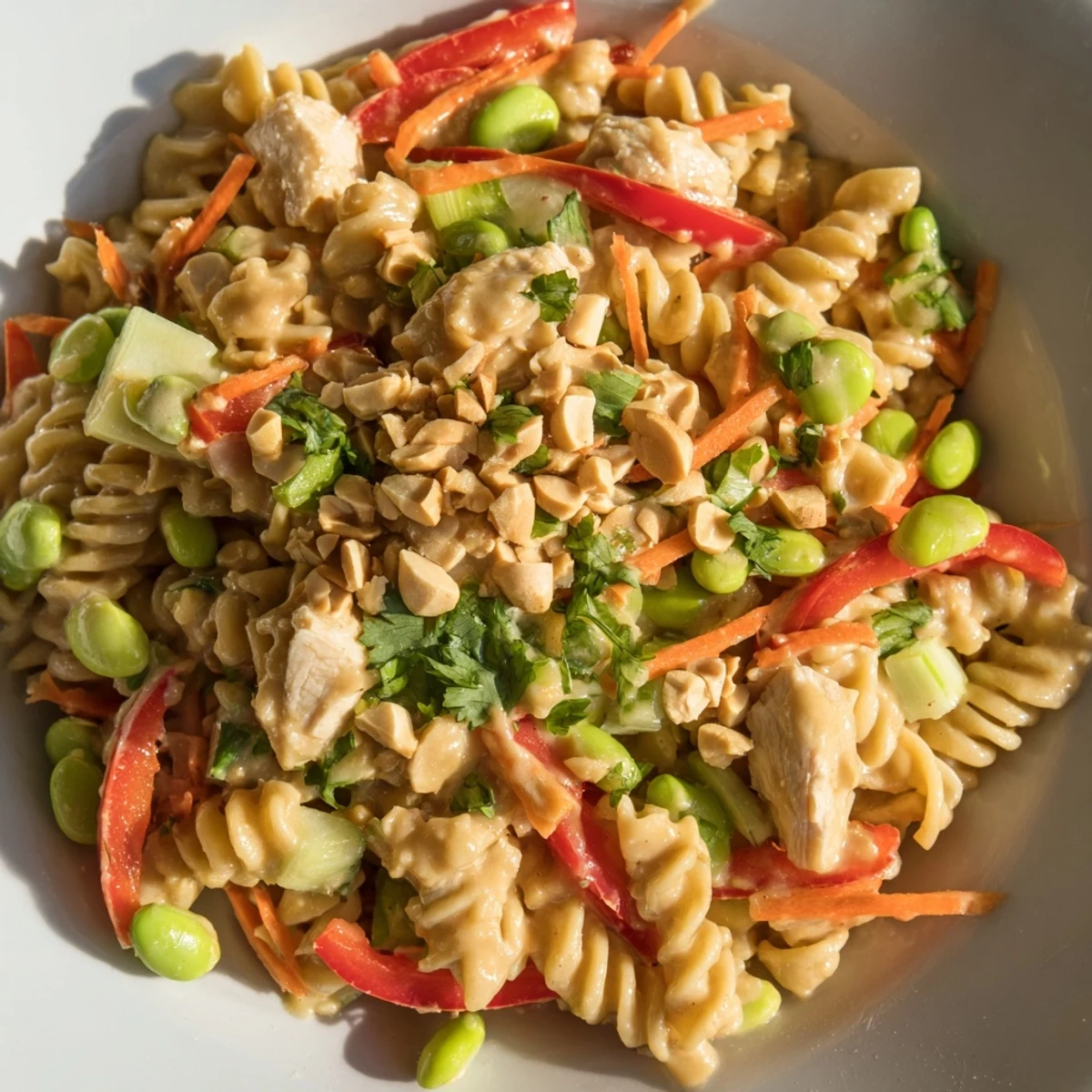 Protein Packed Thai Pasta Salad tossed with crisp bell peppers, shredded carrots, and fresh cilantro