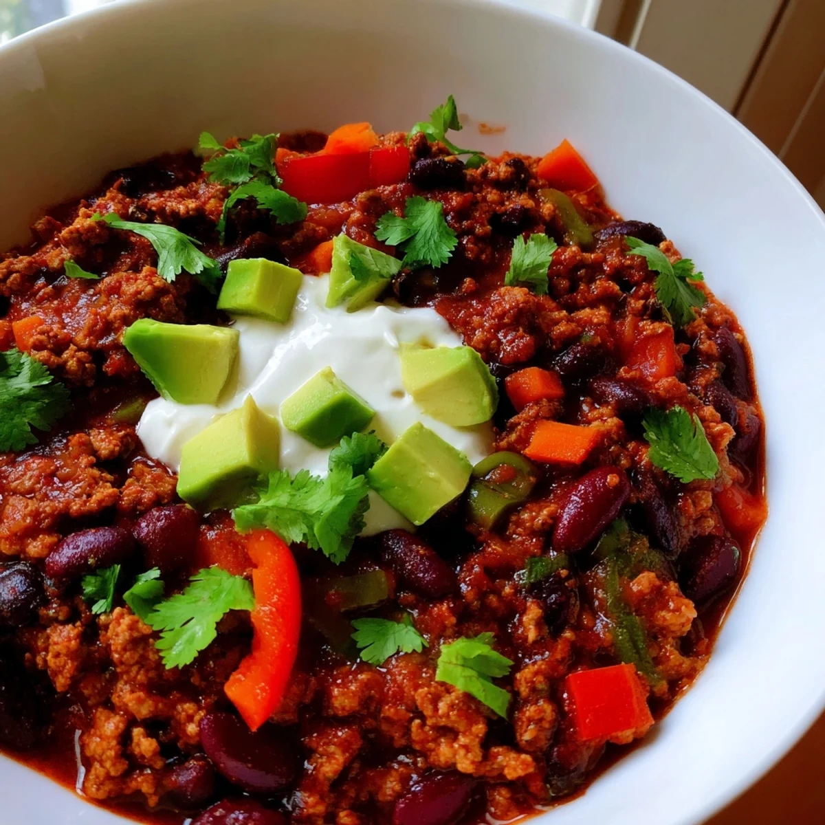 Steaming bowl of diabetic chili recipe topped with fresh avocado and cilantro