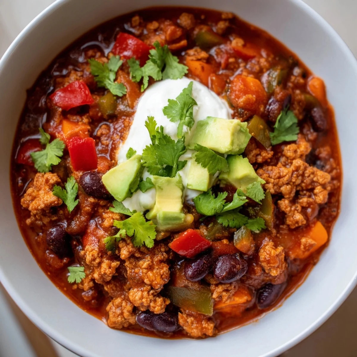 Hearty diabetic chili recipe loaded with beans peppers and lean ground turkey