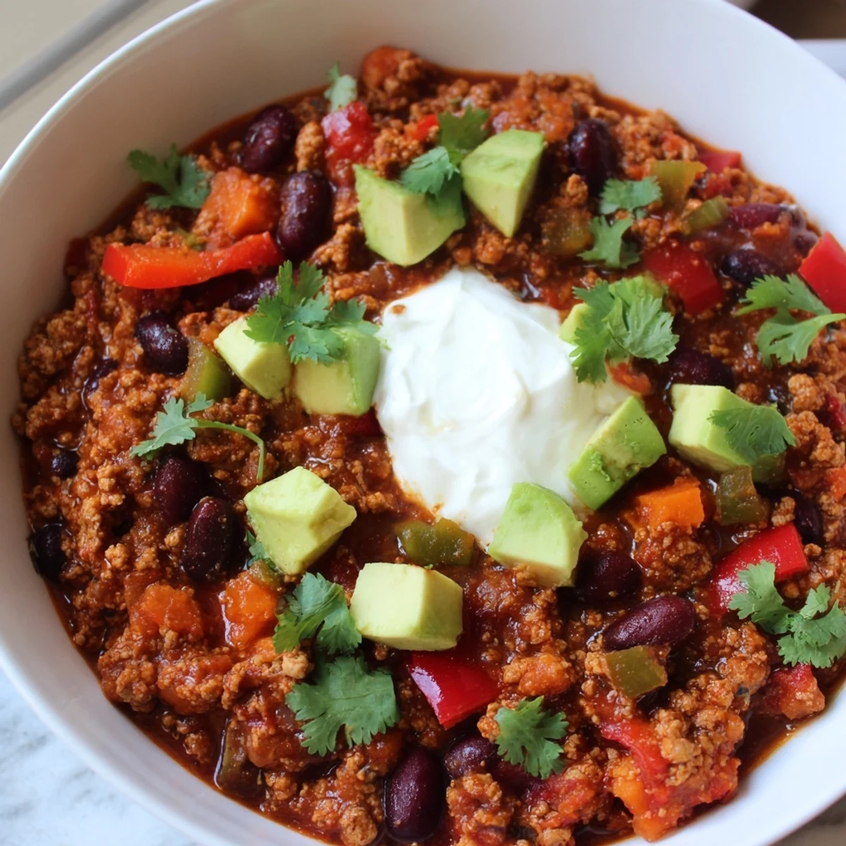 Thick rich diabetic chili recipe served in a rustic bowl with Greek yogurt