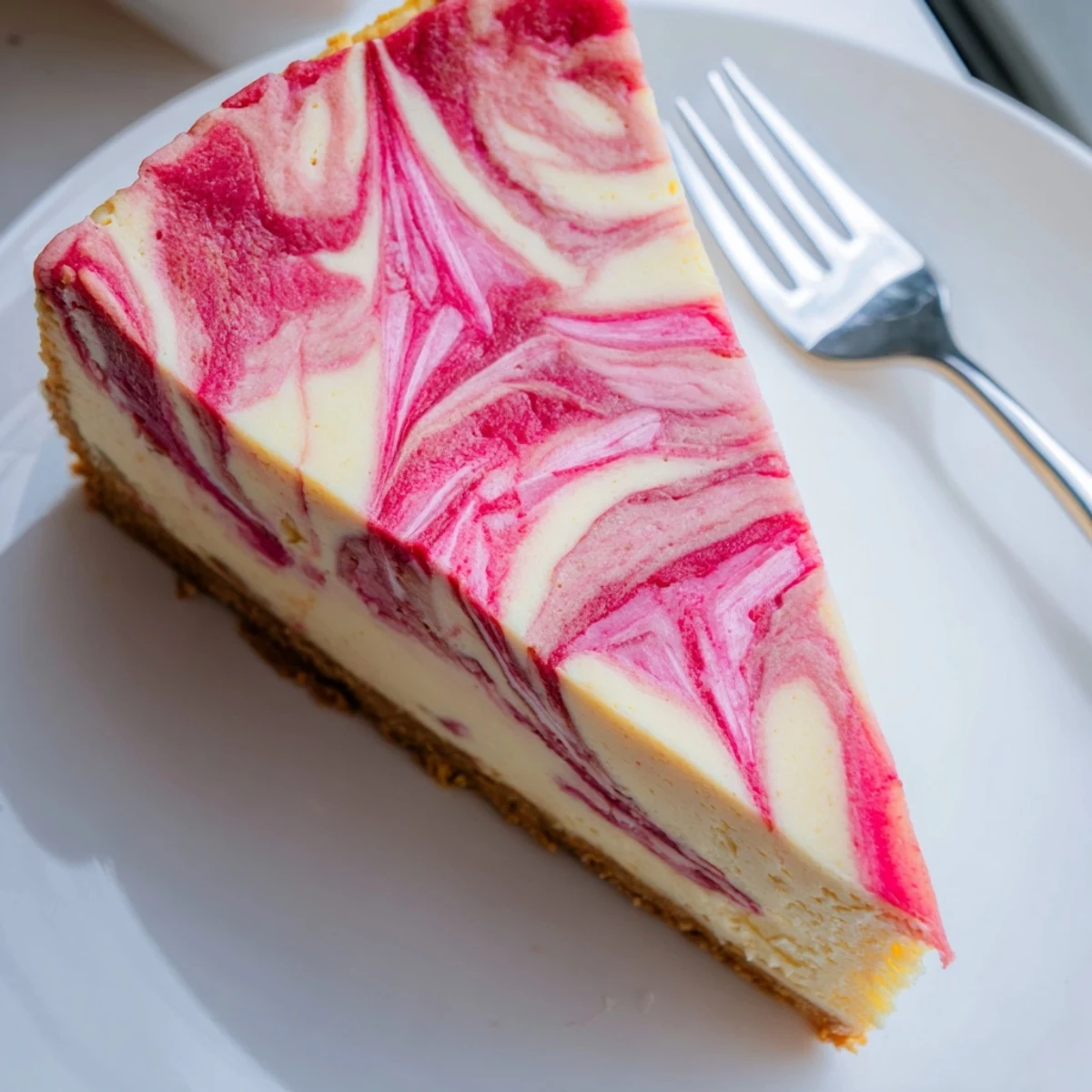 Creamy keto rhubarb cheesecake with vibrant pink swirls on a golden almond crust