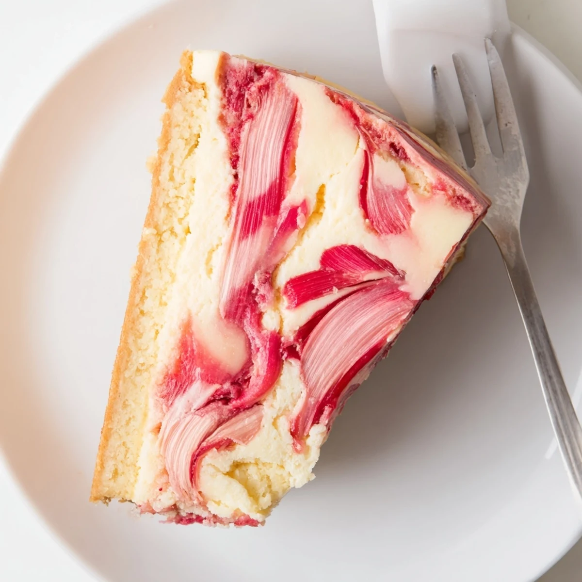 Tangy rhubarb compote ribbons winding through a rich, low-carb cheesecake slice
