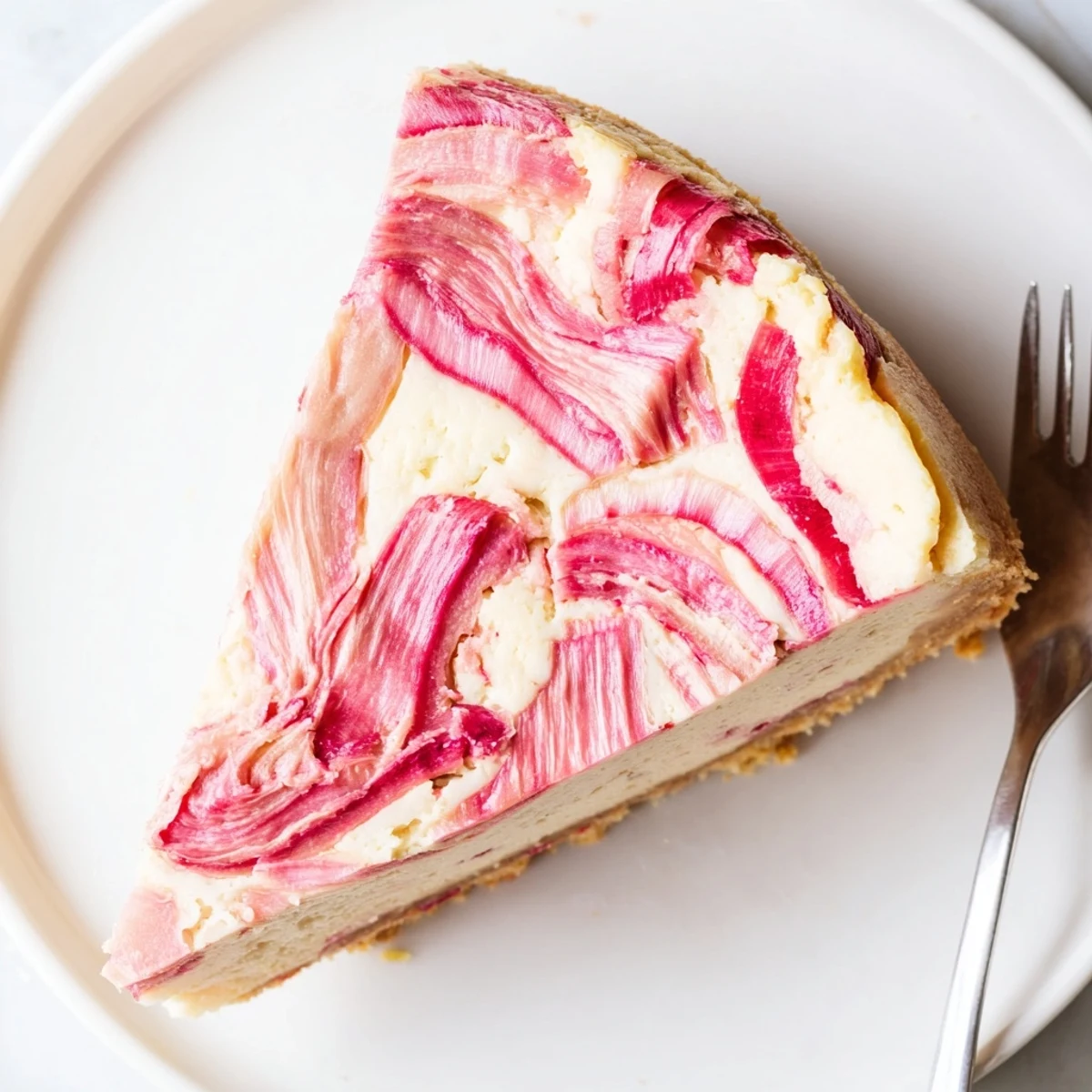 Silky keto rhubarb cheesecake topped with ruby-red fruit swirl, ready to serve