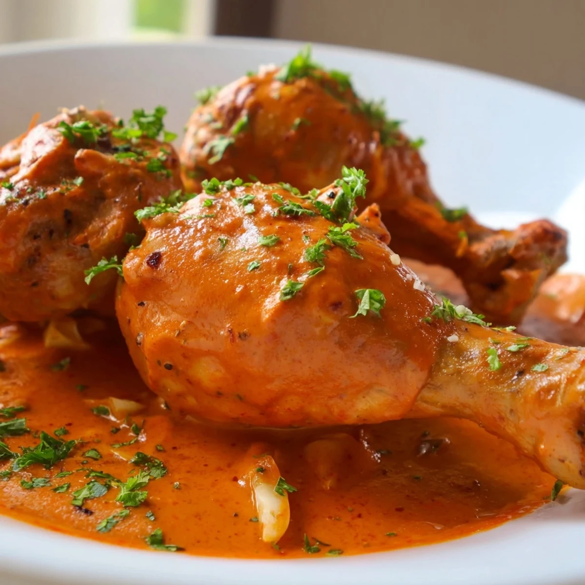 Golden creamy paprika chicken drumsticks glistening in a rich, rust-colored skillet sauce