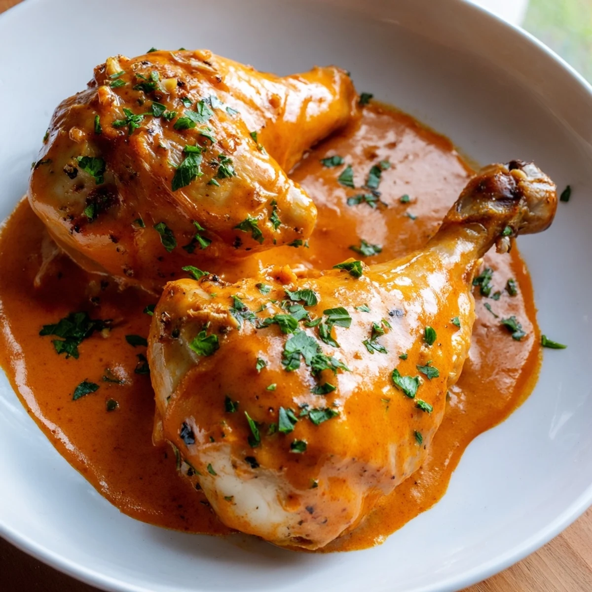 Crispy-skinned creamy paprika chicken drumsticks nestled in a velvety, herb-garnished Dijon cream sauce