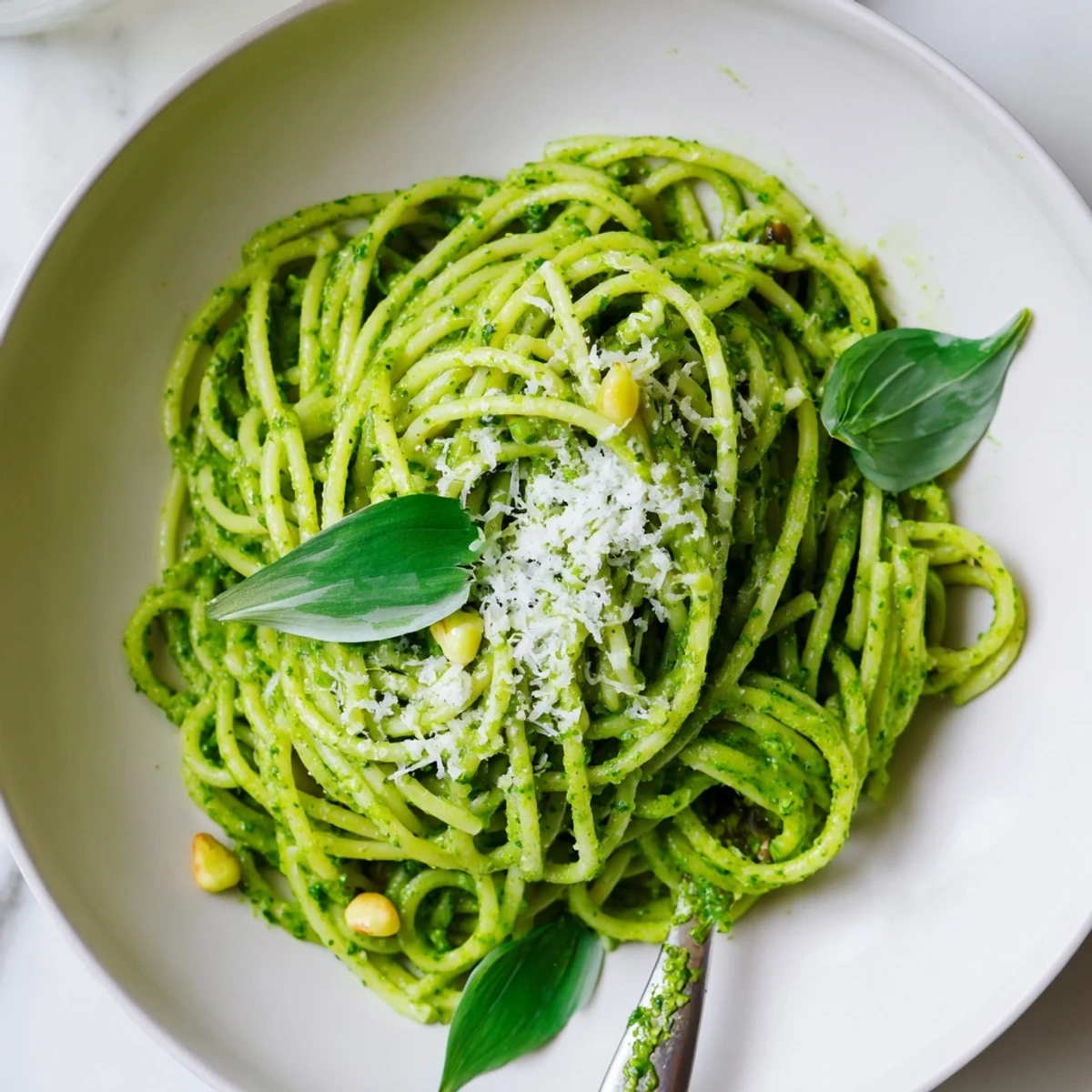 Creamy wild garlic pesto pasta tossed with fresh Parmesan and fragrant spring herbs