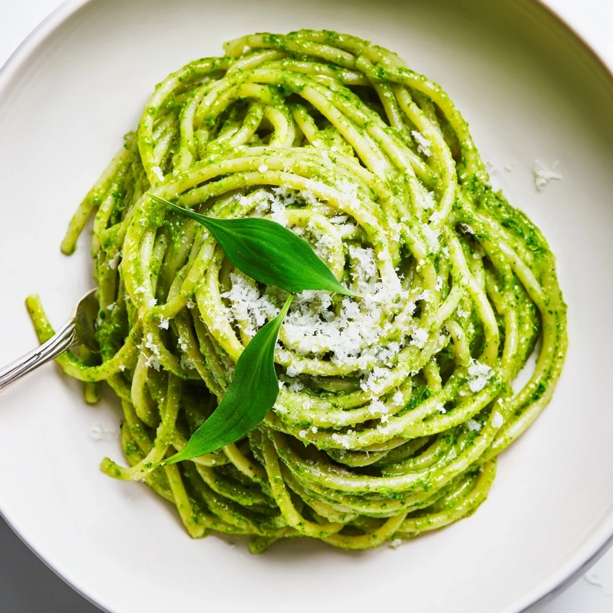 Vibrant green wild garlic pesto pasta served in a bowl with shaved Parmesan