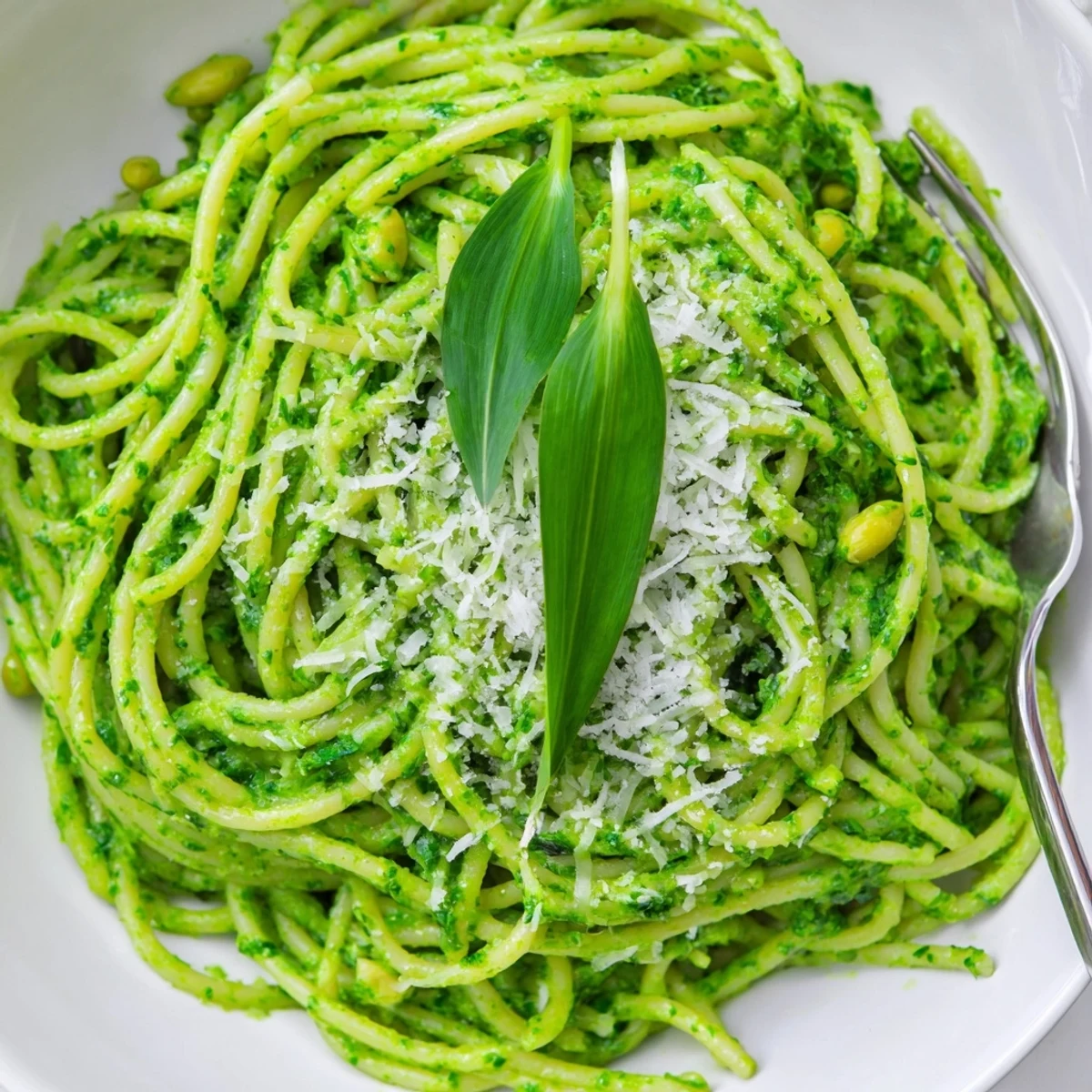 Steaming plate of wild garlic pesto pasta coated in silky herby sauce