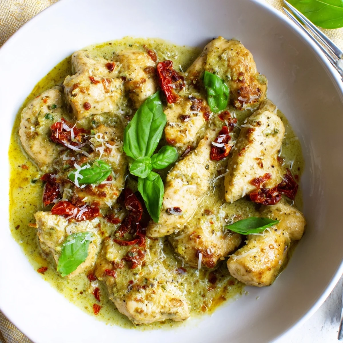 Creamy Marry Me Chicken Pesto with sun-dried tomatoes in a golden cast iron skillet