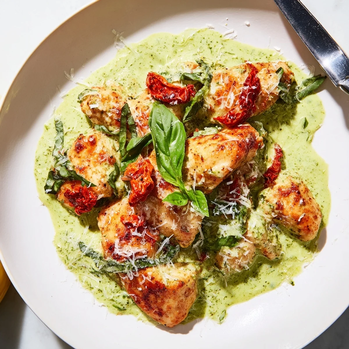Tender Marry Me Chicken Pesto garnished with fresh basil and Parmesan shavings