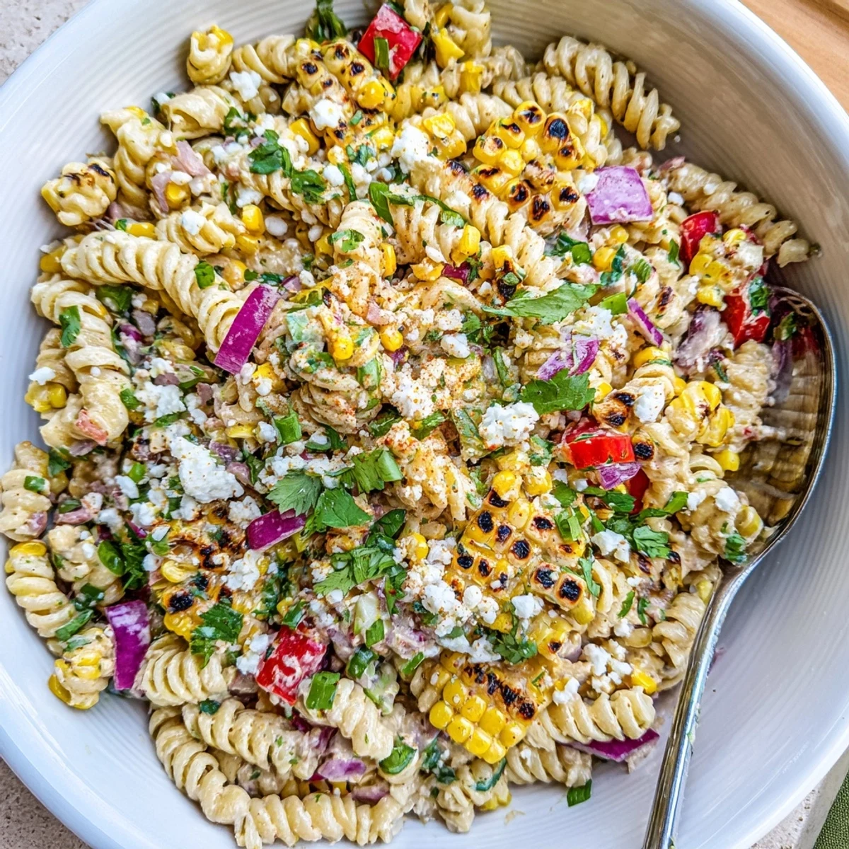 Creamy elote street corn pasta salad topped with crumbled cotija cheese and fresh cilantro