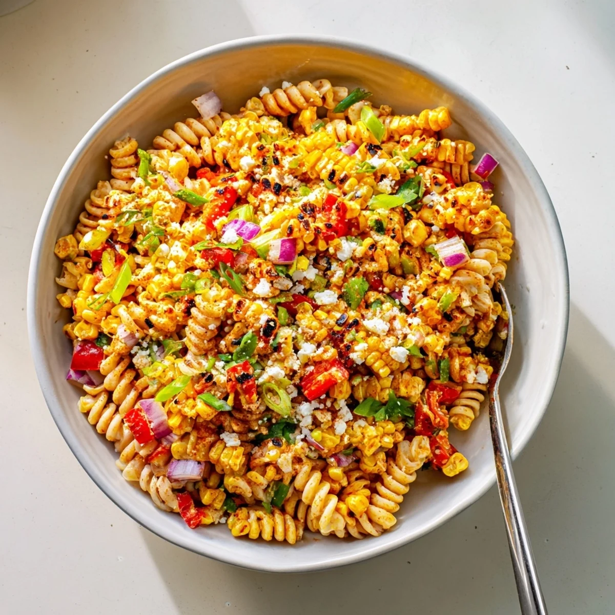 Smoky grilled corn kernels tossed through a vibrant elote street corn pasta salad