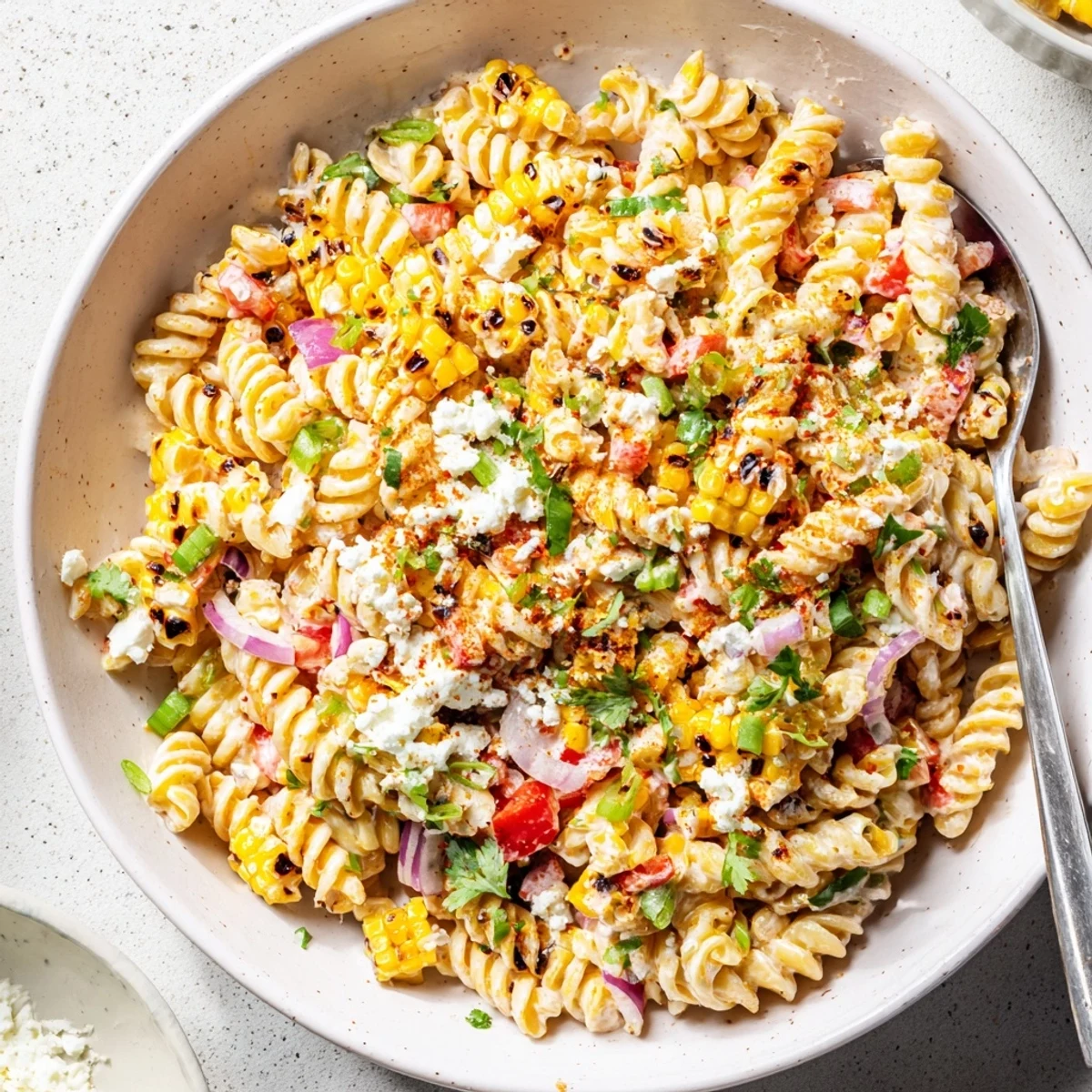 Colorful elote street corn pasta salad served in a rustic bowl with lime wedges