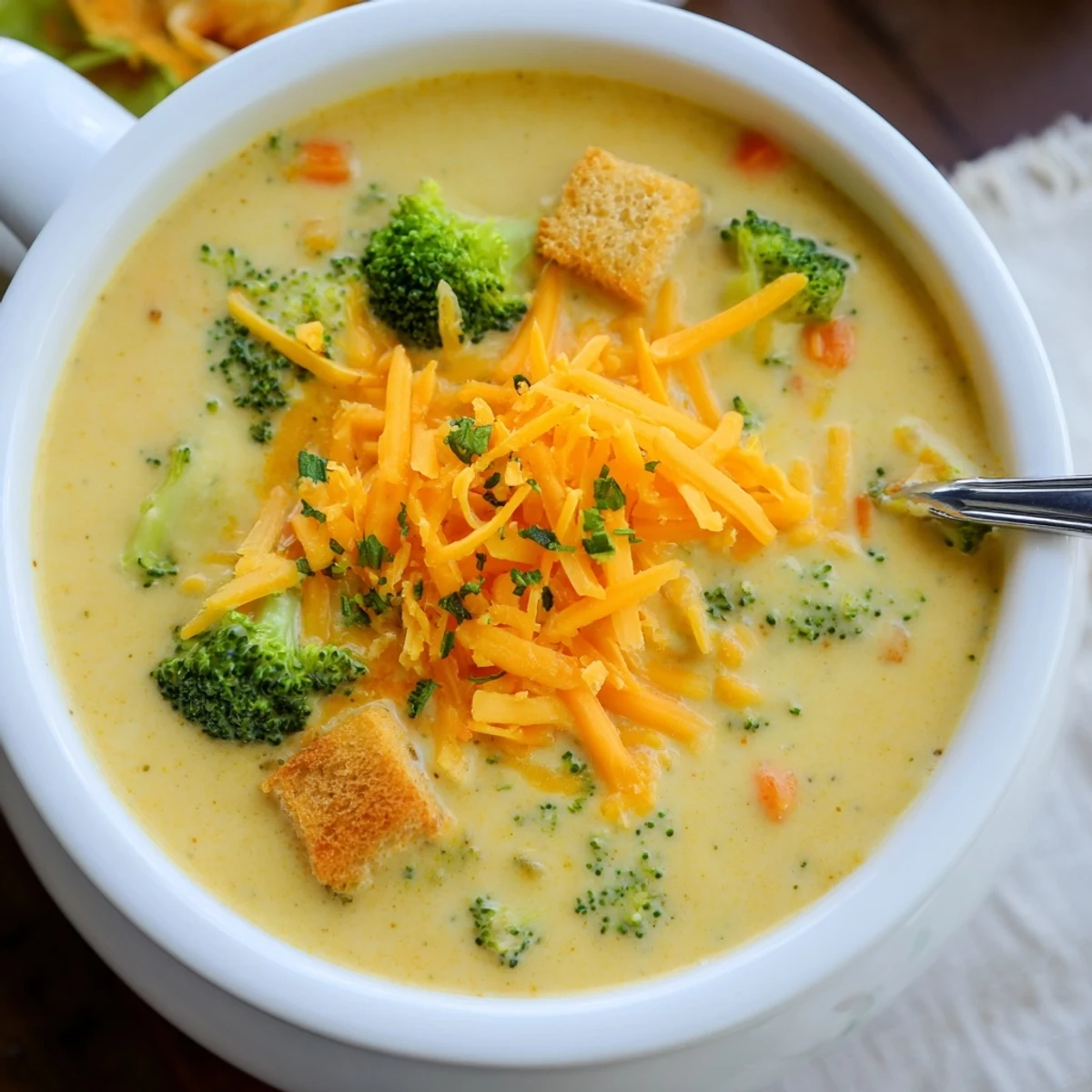 Creamy Slow Cooker Broccoli Cheese Soup topped with melted sharp cheddar and fresh chives