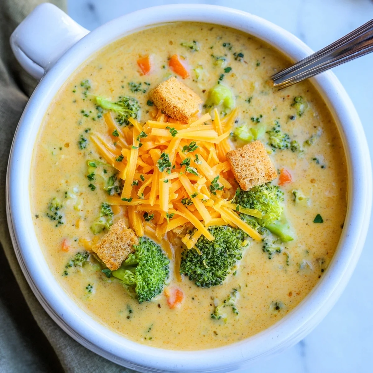 Slow Cooker Broccoli Cheese Soup served steaming in a rustic bread bowl