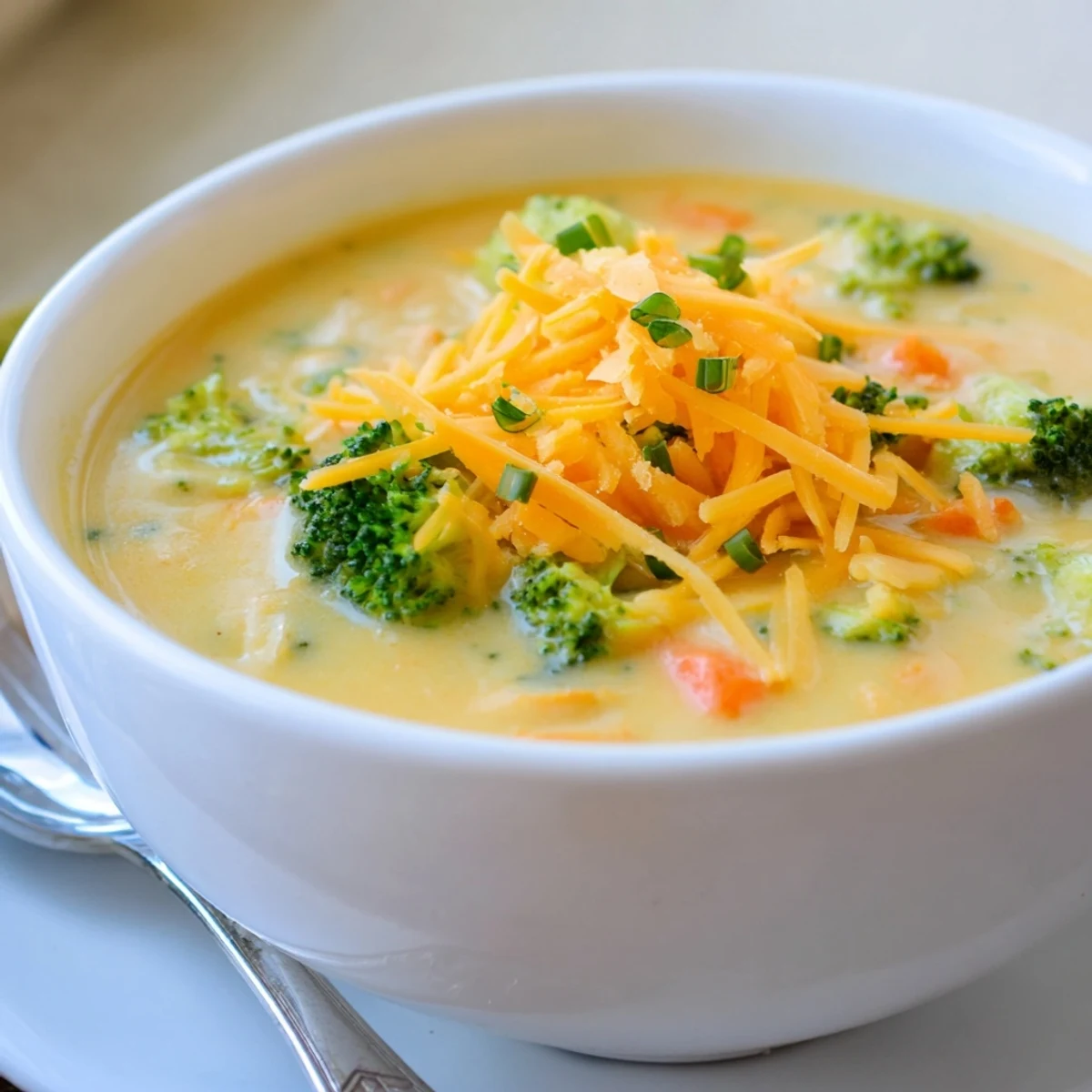 Thick velvety Slow Cooker Broccoli Cheese Soup ladled into a white ceramic bowl