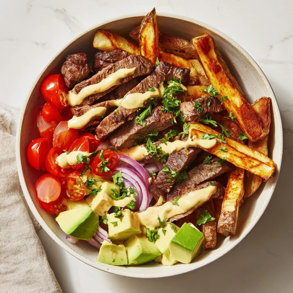 Hearty steak strips crispy fries bowl loaded with diced avocado and parsley